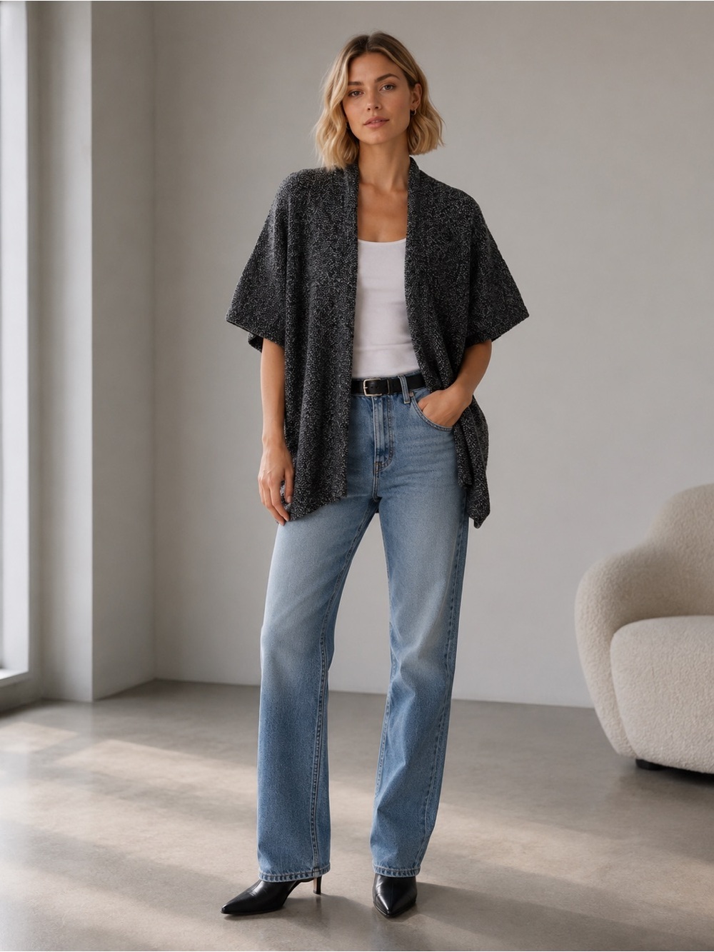 ARITZIA Community Ionic Cape Cardigan Sweater Marled Black/Grey